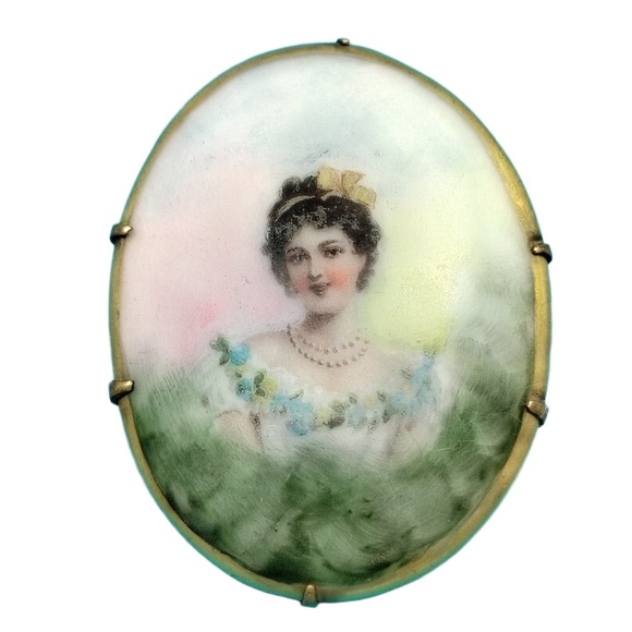 Beautiful Woman Antique Brooch Victorian Painted Portrait Pin Cameo - Picture 1 of 14